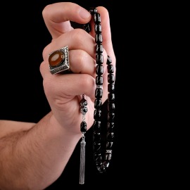 Kapsül Kesim Özel İşlemeli Erzurum Oltu Taşı Tesbih - 3