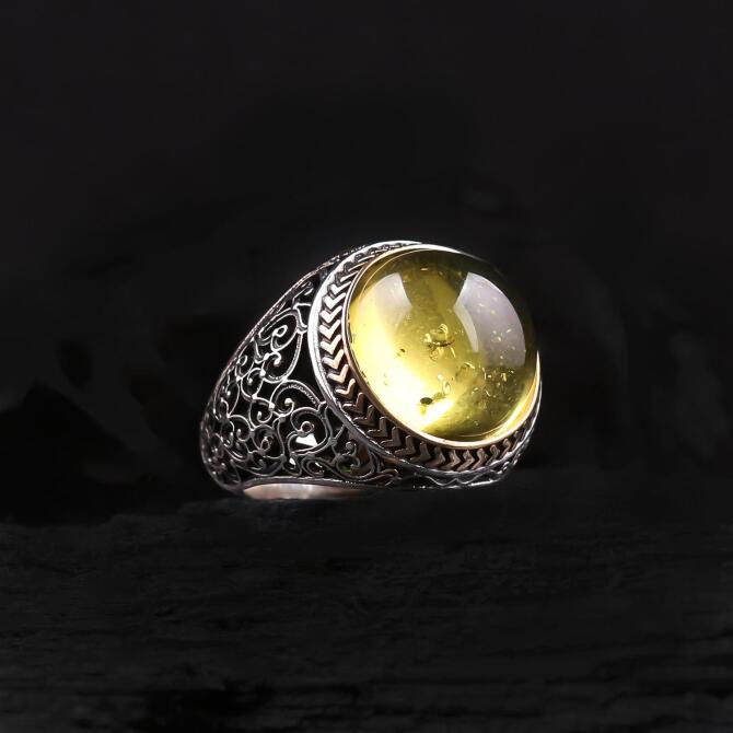 Karayip Amber Special Yapım Silver Ring