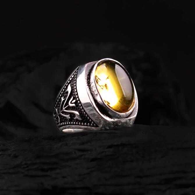 Karayip Amber Sinek Fossil Silver Ring