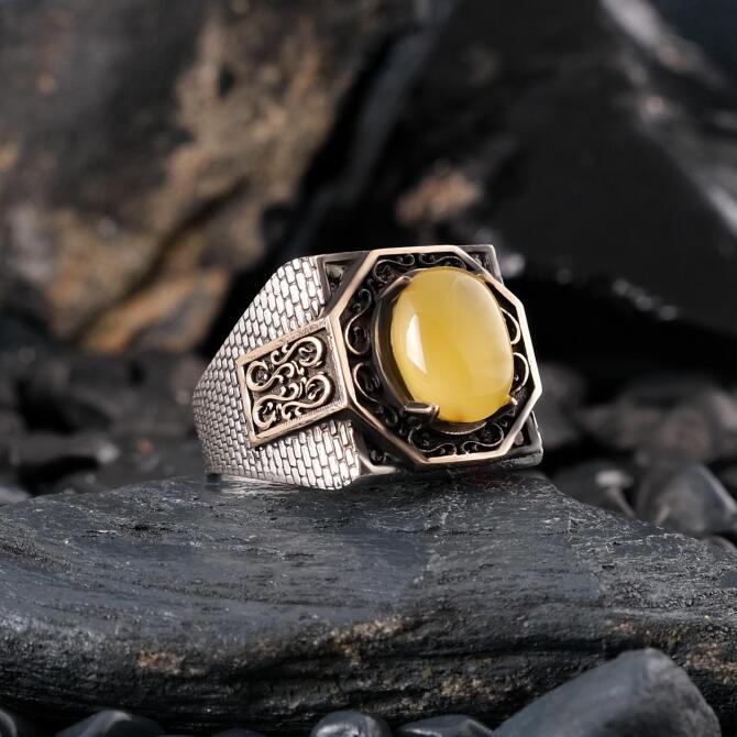 Kehruba-Bürokrat Model Minimalist Damla Kehribar Gümüş Yüzük - Tesbihcibaba