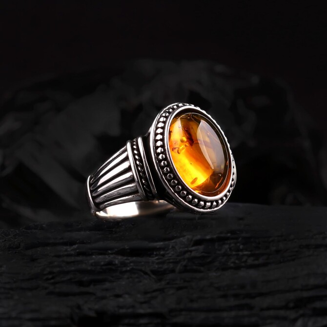 Kehruba-Sinek Fossil Bal Amber Silver Ring