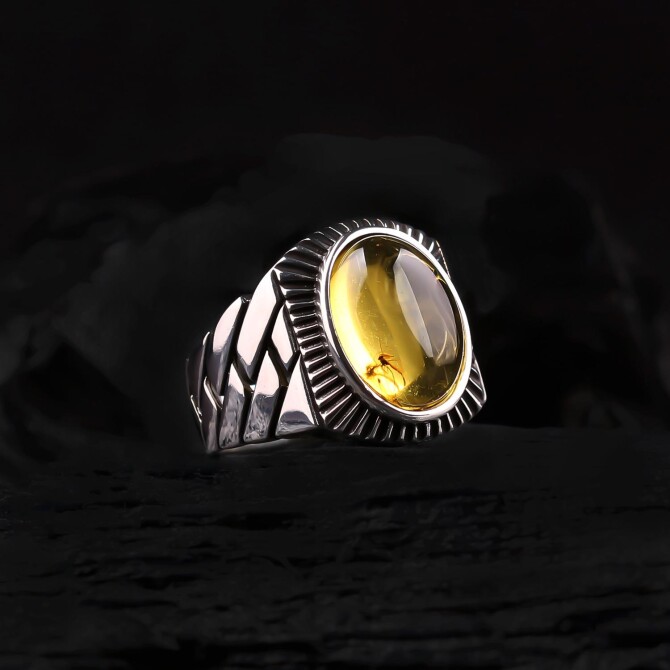 Kehruba-Sinek Fossil Karayip Amber Silver Ring