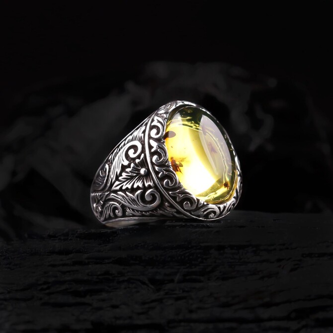 Kehruba-Yoğun Sinek Fossil Karayip Amber Silver Ring