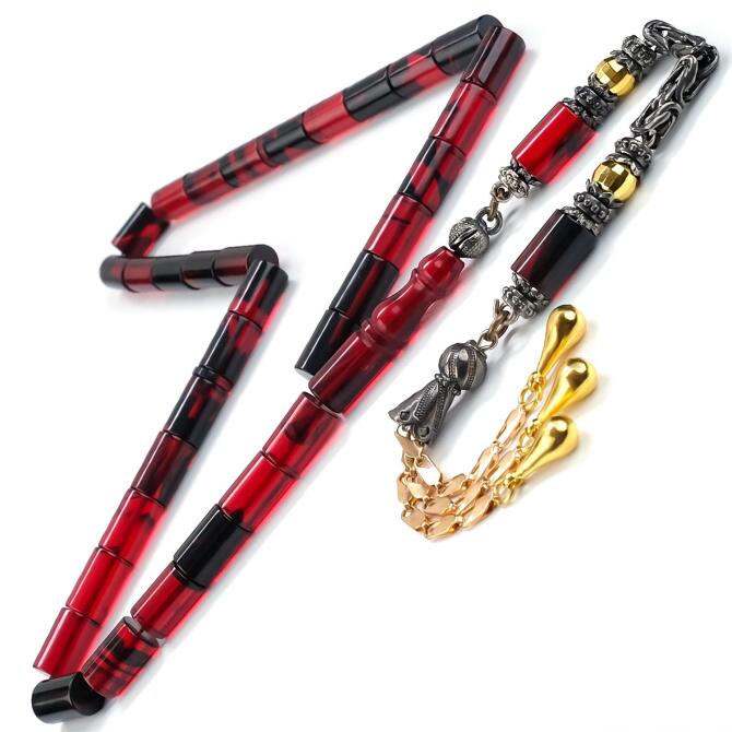 Kesme Gece Kızılı Çift Renk Püskül Ateş Kehribar Tesbih - Tesbihcibaba