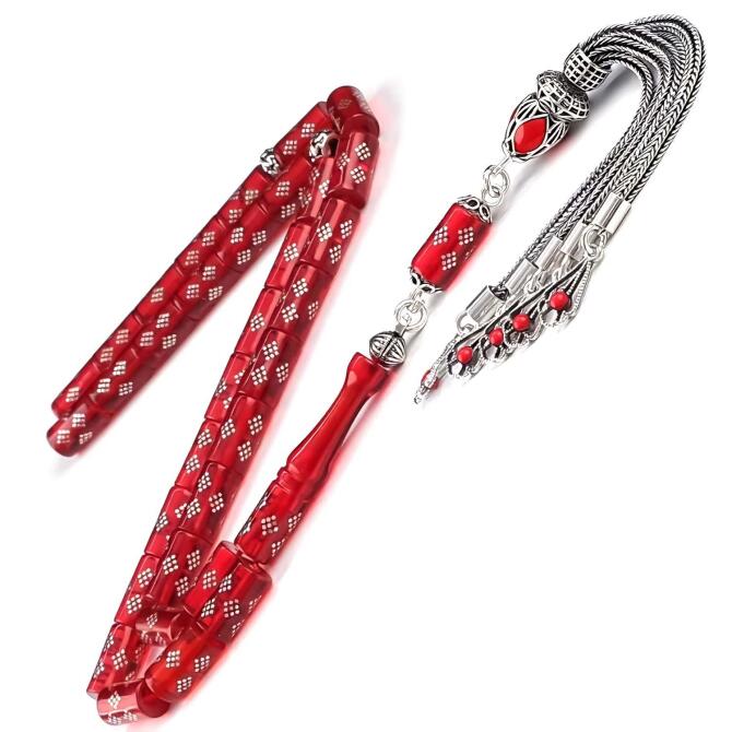 Kesme Gümüş Çakım Ateş Kehribar Tesbih - Tesbihcibaba