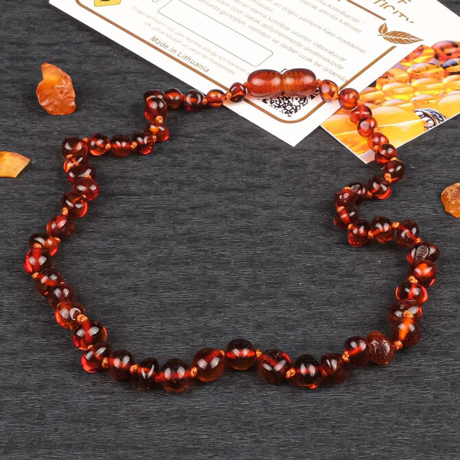 Kestane Balı Sertifikalı Kehribar Diş Kolyesi - Tesbihcibaba