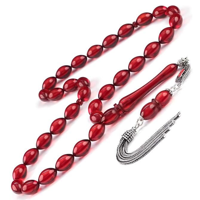 Kırmızı Ateş Beyzi Kesim Sıkma Kehribar Tesbih - Tesbihcibaba