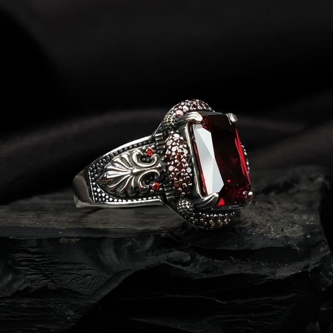 Kırmızı Zirkon Pençe Kasa Gümüş Yüzük - Tesbihcibaba