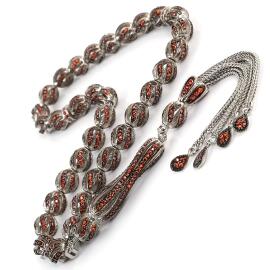 Kırmızı Zirkon Taşlı Özel Tasarım 925 Ayar Gümüş Tesbih - 1