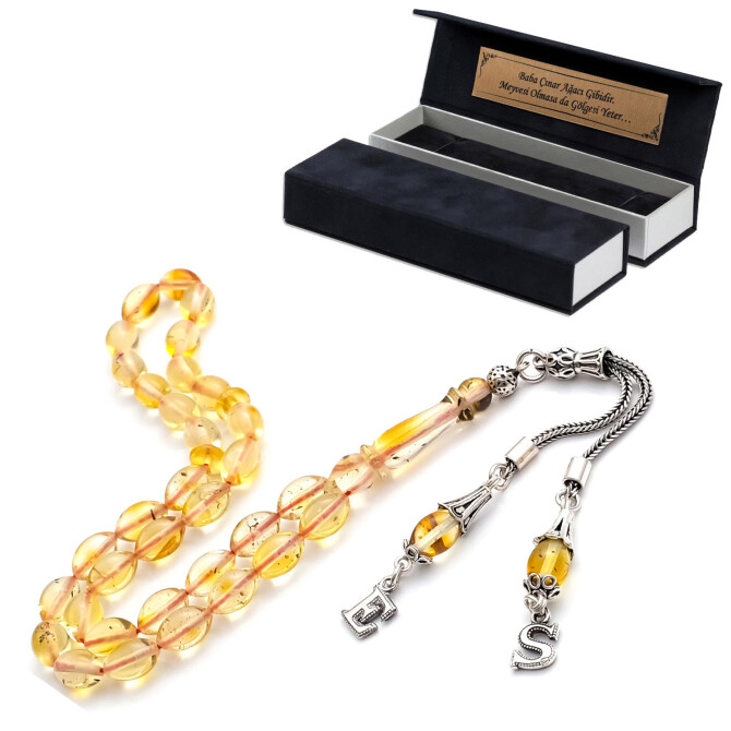 Kişiye Özel Beyzi Kesim Fosilli Damla Kehribarı Tesbih - Tesbihcibaba