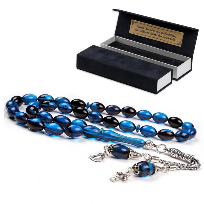 Harf Püsküllü Gece Mavisi Sıkma Kehribar Tesbih - Tesbihcibaba