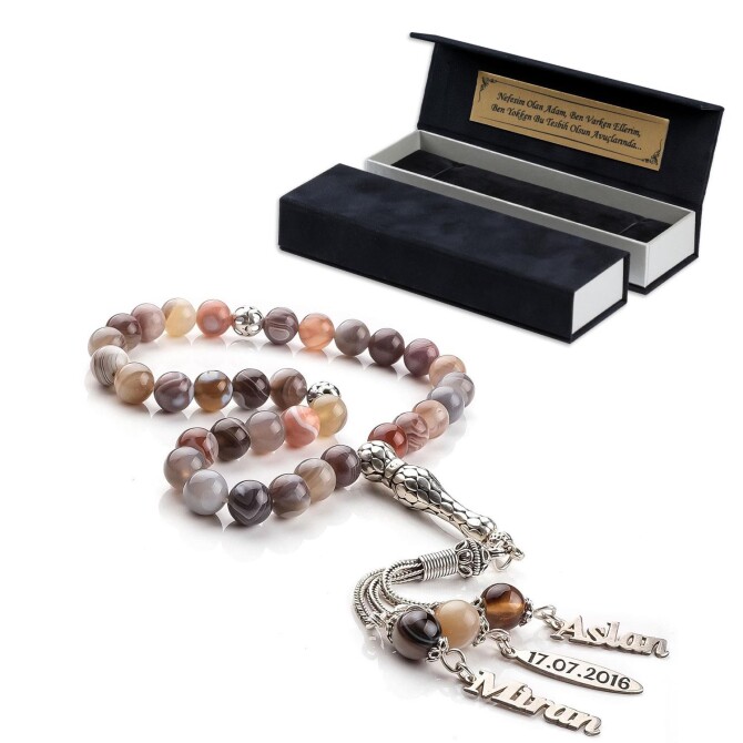 Kişiye Özel Kutusu İle İsimli Botsvana Akik Tesbih - Tesbihcibaba