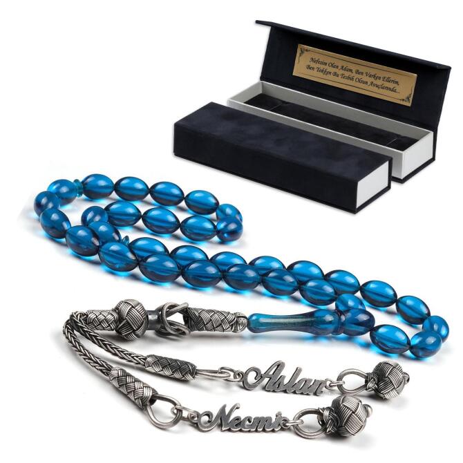 Kişiye Özel Parlament Mavisi Ateş Kehribarı Tesbih - Tesbihcibaba