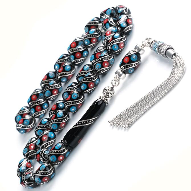 Kızıl Mavi Sarmal Gümüş Tasarım Erzurum Oltu Taşı Tesbih - Tesbihcibaba