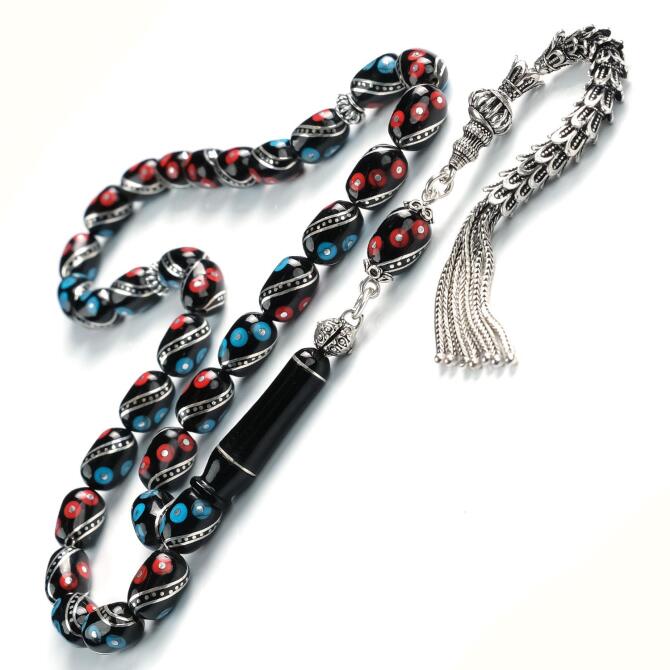 Kızıl Mavi Tek Sarmal Gümüş Tasarım Erzurum Oltu Taşı Tesbih - Tesbihcibaba