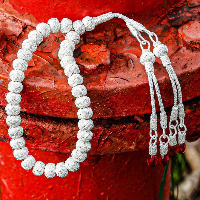 Kızıl Taşlı El Örmesi Gümüş Tesbih - Tesbihcibaba