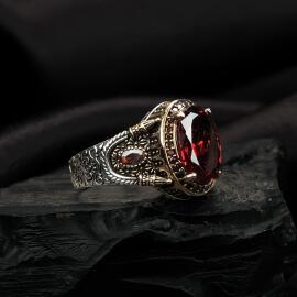 Kızıl Zirkon Gold Kasa Gümüş Yüzük - 2