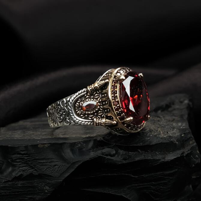 Kızıl Zirkon Gold Kasa Gümüş Yüzük - Tesbihcibaba