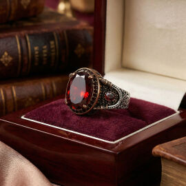 Kızıl Zirkon Gold Kasa Gümüş Yüzük - 1