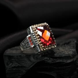 Kızıl Zirkon Gold İşleme Gümüş Yüzük - 2