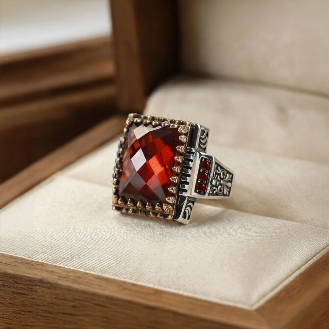 Kızıl Zirkon Gold İşleme Gümüş Yüzük - Tesbihcibaba