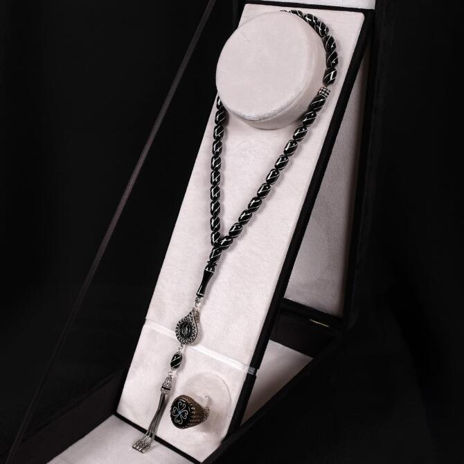 Koleksiyonluk Çeşmi Bülbül Engraving Erzurum Oltu Prayer Beads & Ring Set