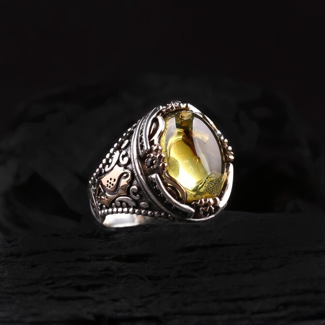Kral Tacı Karayip Amber Sinek Fossil Ring
