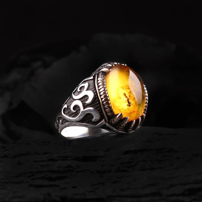 Kral Tacı Sinek Fossil Drop Amber Silver Ring
