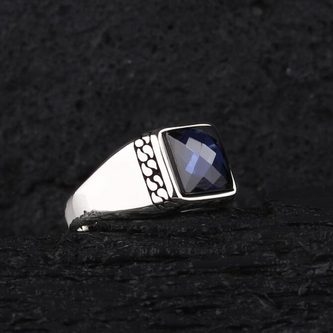 Crystal Cut Zircon Stone-set Men's Silver Ring
