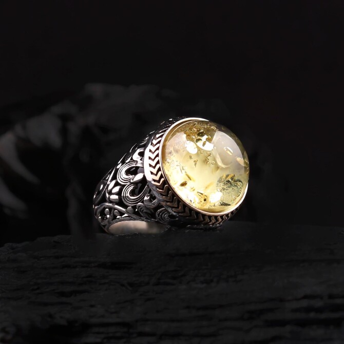 Sphere Natural Drop Amber Silver Ring