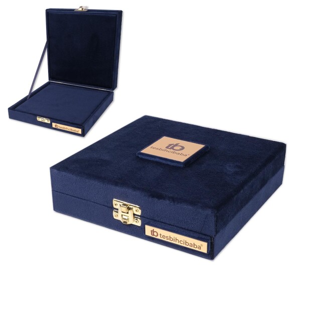 Lacivert Kadife Kumaş Üst Düzey Kare Tesbih Kutusu - Tesbihcibaba