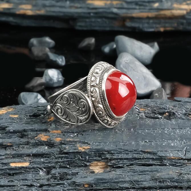 Lal İşleme Osmanlı Kehribar Gümüş Yüzük - Tesbihcibaba