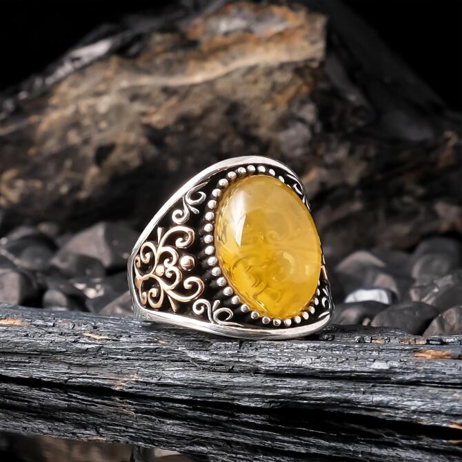 Lal Engraving Special Design Amber 925 K Silver Ring