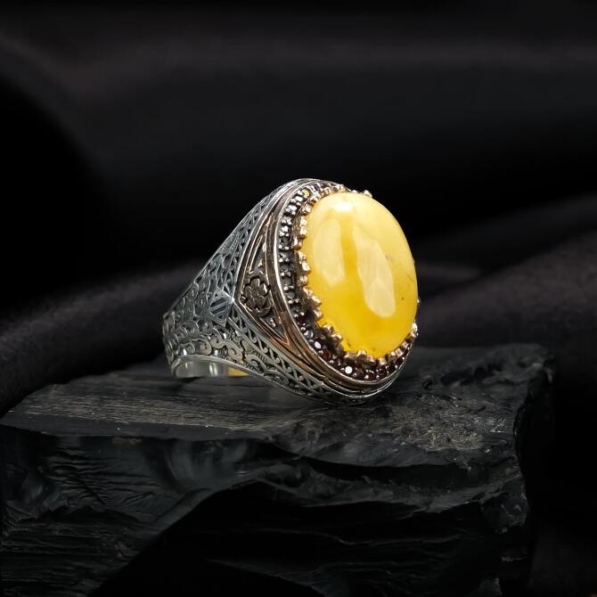 Lal Model Antik Damla Kehribar Yüzük - Tesbihcibaba