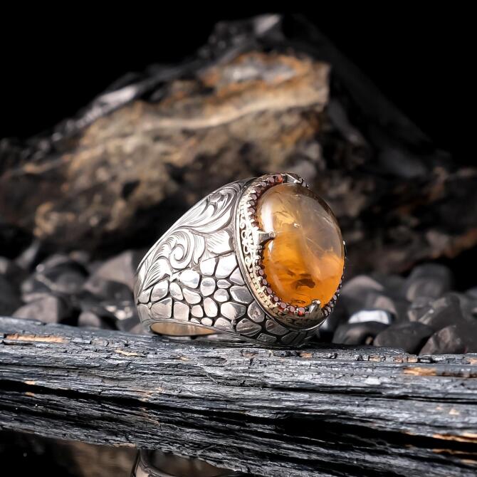 Lal Drop Amber 925 K Silver Muhafız Ring
