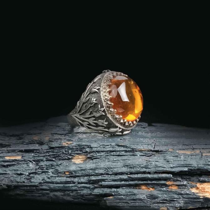 Lale Kasa Baltık İncisi Bal Damla Kehribar Gümüş Yüzük - Tesbihcibaba