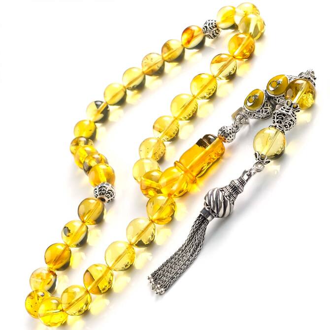 Litvanya Altını Fosilli Damla Kehribar Tesbih - Tesbihcibaba