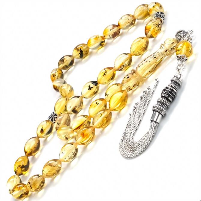 Litvanya Altını Fosilli Damla Kehribar Tesbih - Tesbihcibaba