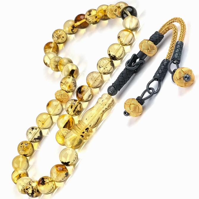 Litvanya Altını Fosilli Kazaz Tasarım Damla Kehribar Tesbih - Tesbihcibaba