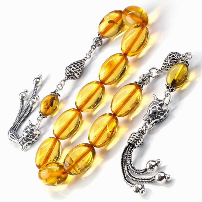 Litvanya Altını Kaplan Başlı Damla Kehribar Zaza Tesbih - Tesbihcibaba