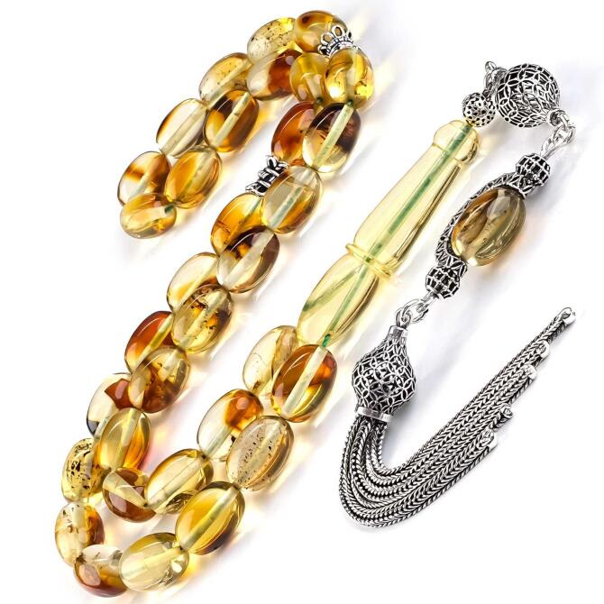 Litvanya Altını Şaheser Fosilli Damla Kehribar Tesbih - Tesbihcibaba