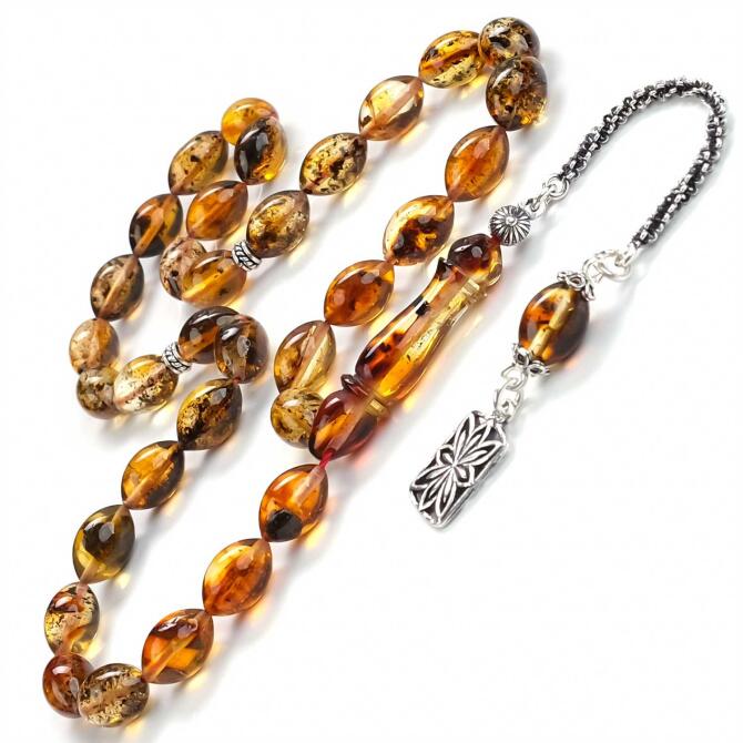 Litvanya Altını Yoğun Fosilli Damla Kehribar Tesbih - Tesbihcibaba