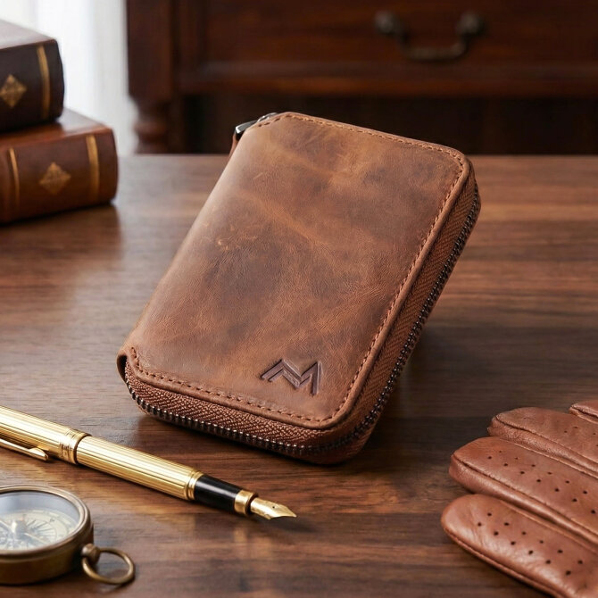 Mandarin Full Grain Fermuarlı Erkek Deri Kartlık - Tesbihcibaba