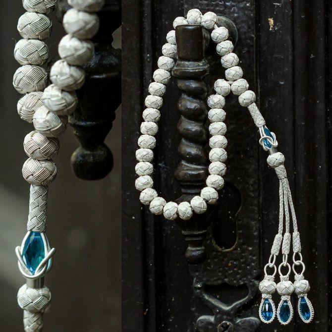 Mavi Taşlı Özel Tasarım El Örmesi Kazaz Tesbih - Tesbihcibaba