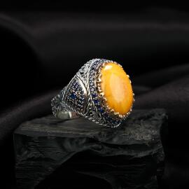 Mavi Zirkon Antik Damla Kehribar Yüzük - Tesbihcibaba