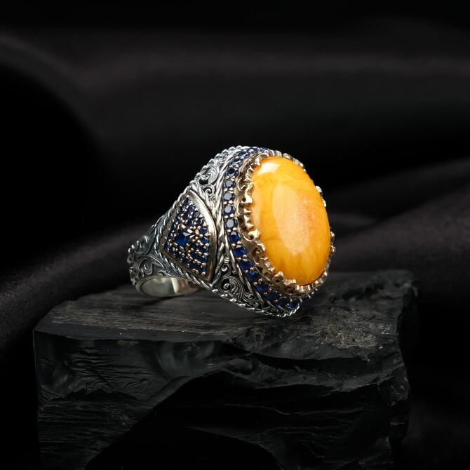 Mavi Zirkon Antik Damla Kehribar Yüzük - Tesbihcibaba