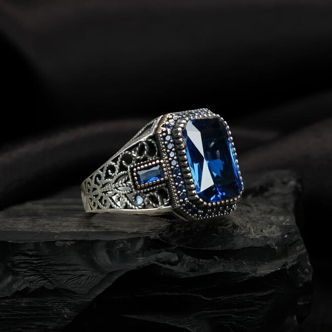 Mavi Zirkon İşlemeli Kasa Gümüş Yüzük - Tesbihcibaba