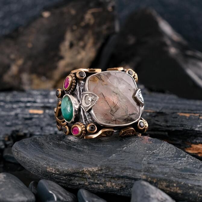 Medeniyetler Karması Kuvars Taşlı Gümüş Yüzük - Tesbihcibaba