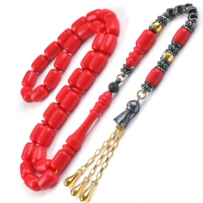 Mermerit Kırmızı Sıkma Kehribar Tesbih - Tesbihcibaba