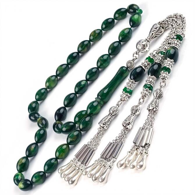 Mermerit Yeşil Sıkma Kehribar Tesbih - Tesbihcibaba